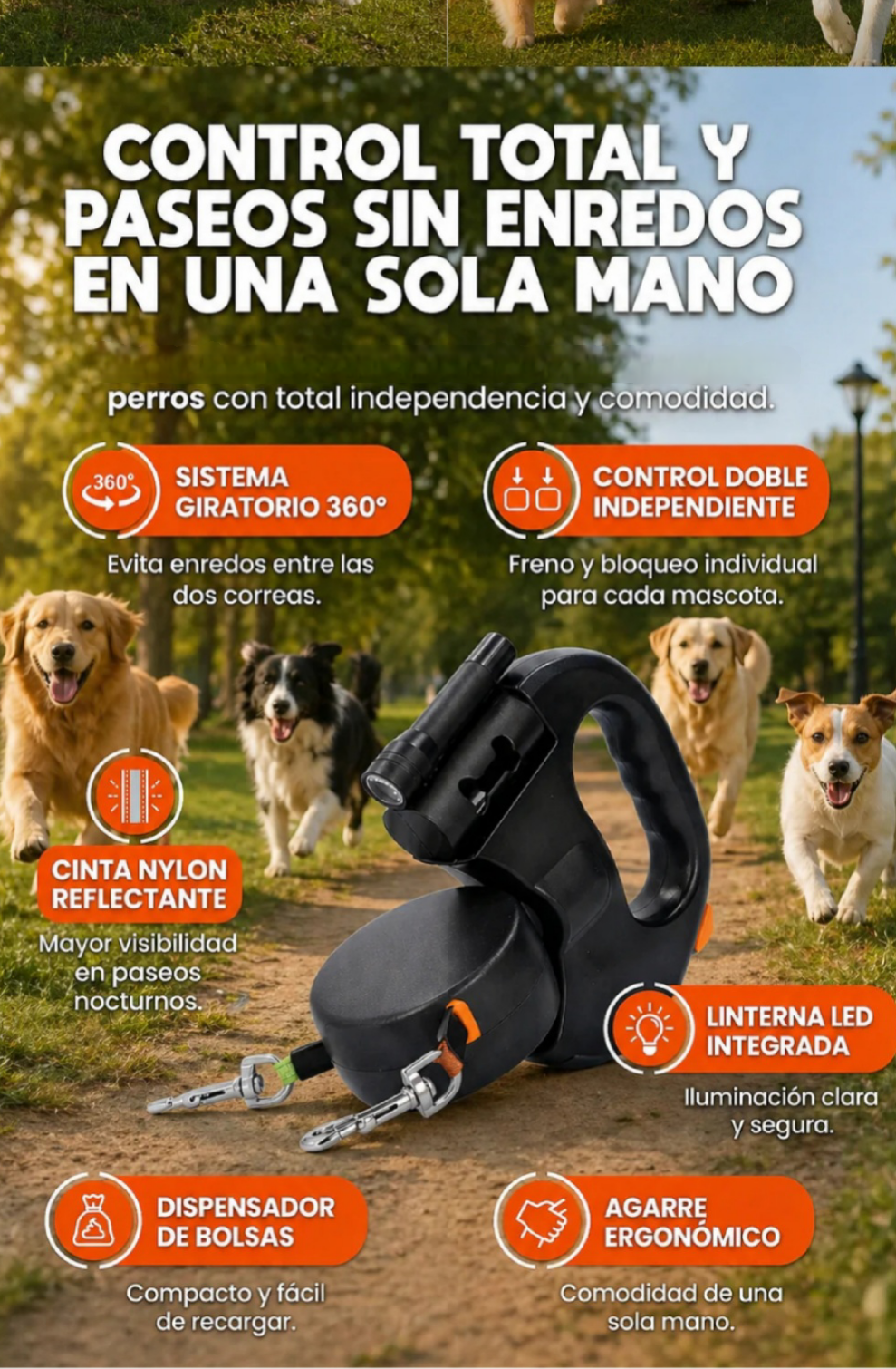 Correa Retráctil 360° Mavero.pet | Doble con Linterna y Bloqueo Instantáneo + Envío GRATIS Y Regalo SORPRESA INCLUIDO 🎁